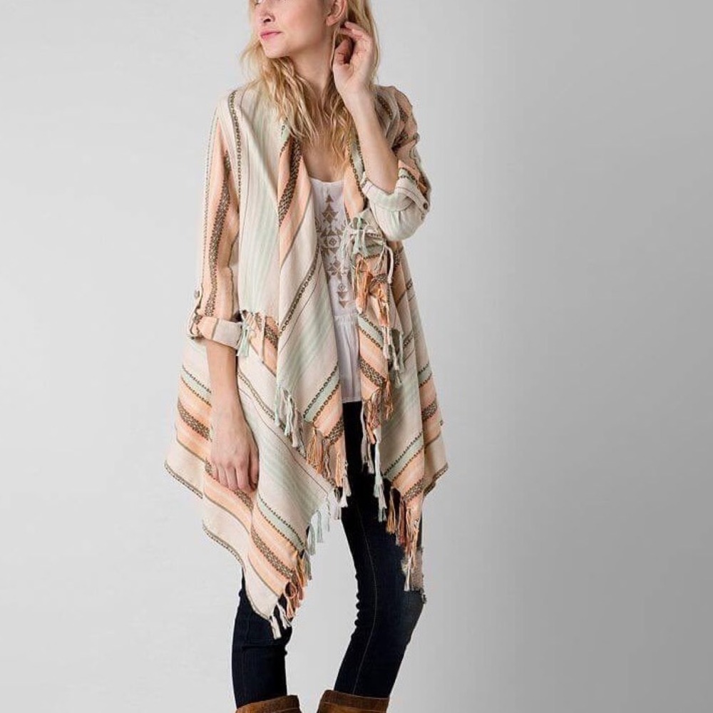 Gimmicks by BKE Womens M Striped Fringe Open Front‎ Cardigan Boho Cotton Wrap